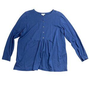 J.Jill Knit Top‎ Women's Size XL Cotton Long Roll Tab Sleeves Button Front Blue
